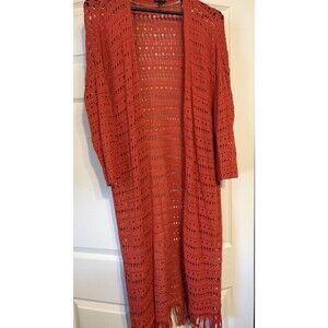 Torrid Knit Duster Sweater Burnt Orange Open Knit 3/4 Sleeves Fringe Hem Size 1X
